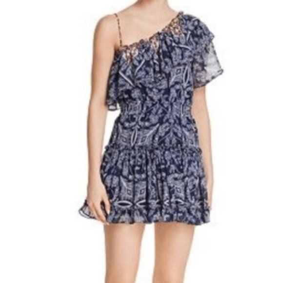 Misa Los Angeles Dresses & Skirts - MISA Ezri Mini Dress One Shoulder Blue White Size Large